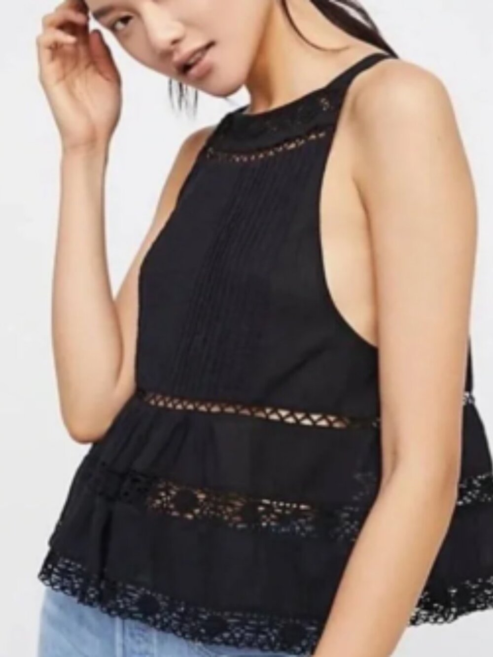 Free People 100% Cotton Black Sleeveless Crochet Button Back Pintuck Tank